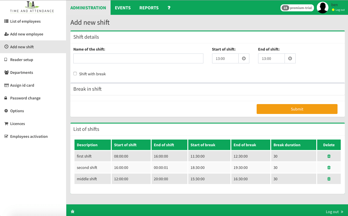 Add new shift for employee