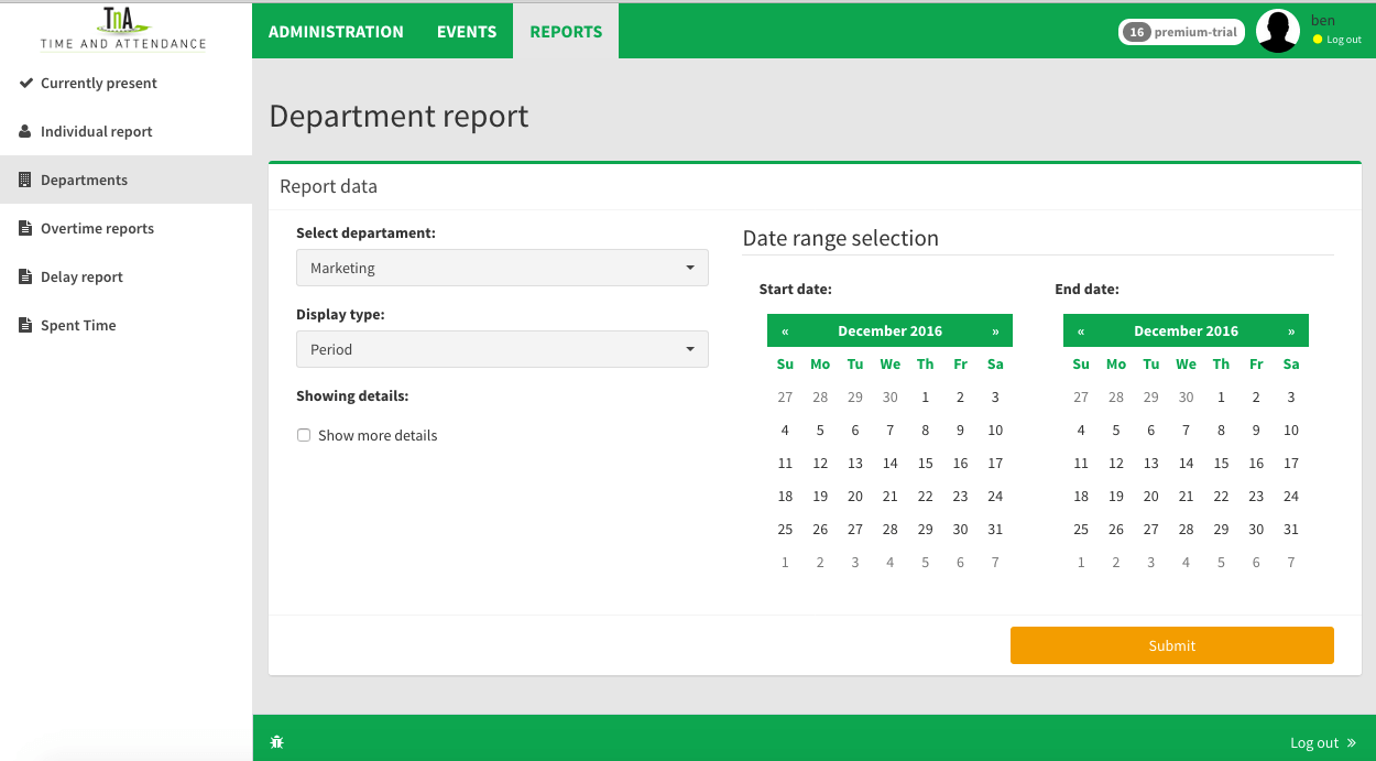 departament reports selectio of date