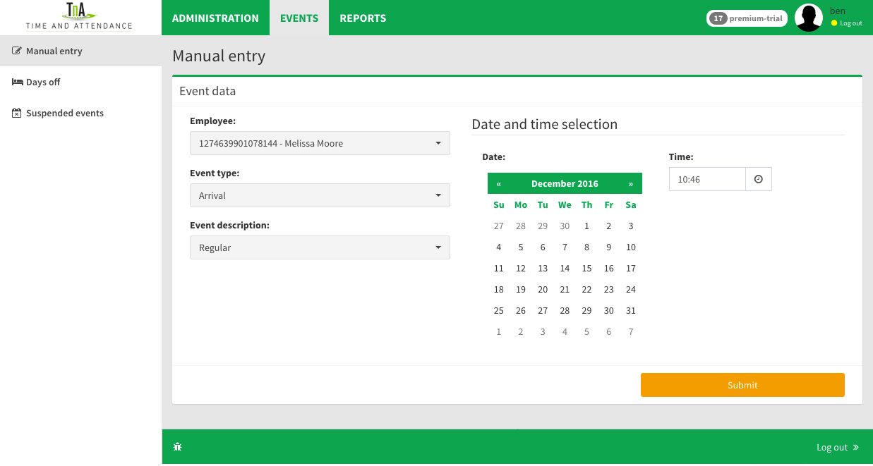 manual entry to system of attendance