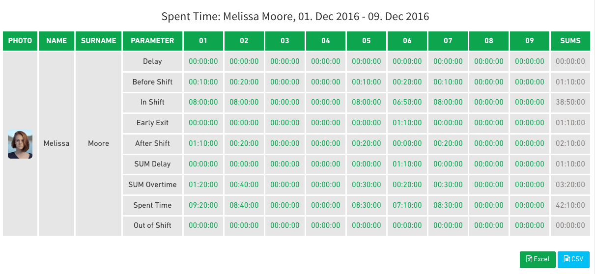 spent time report of system of time and attendance